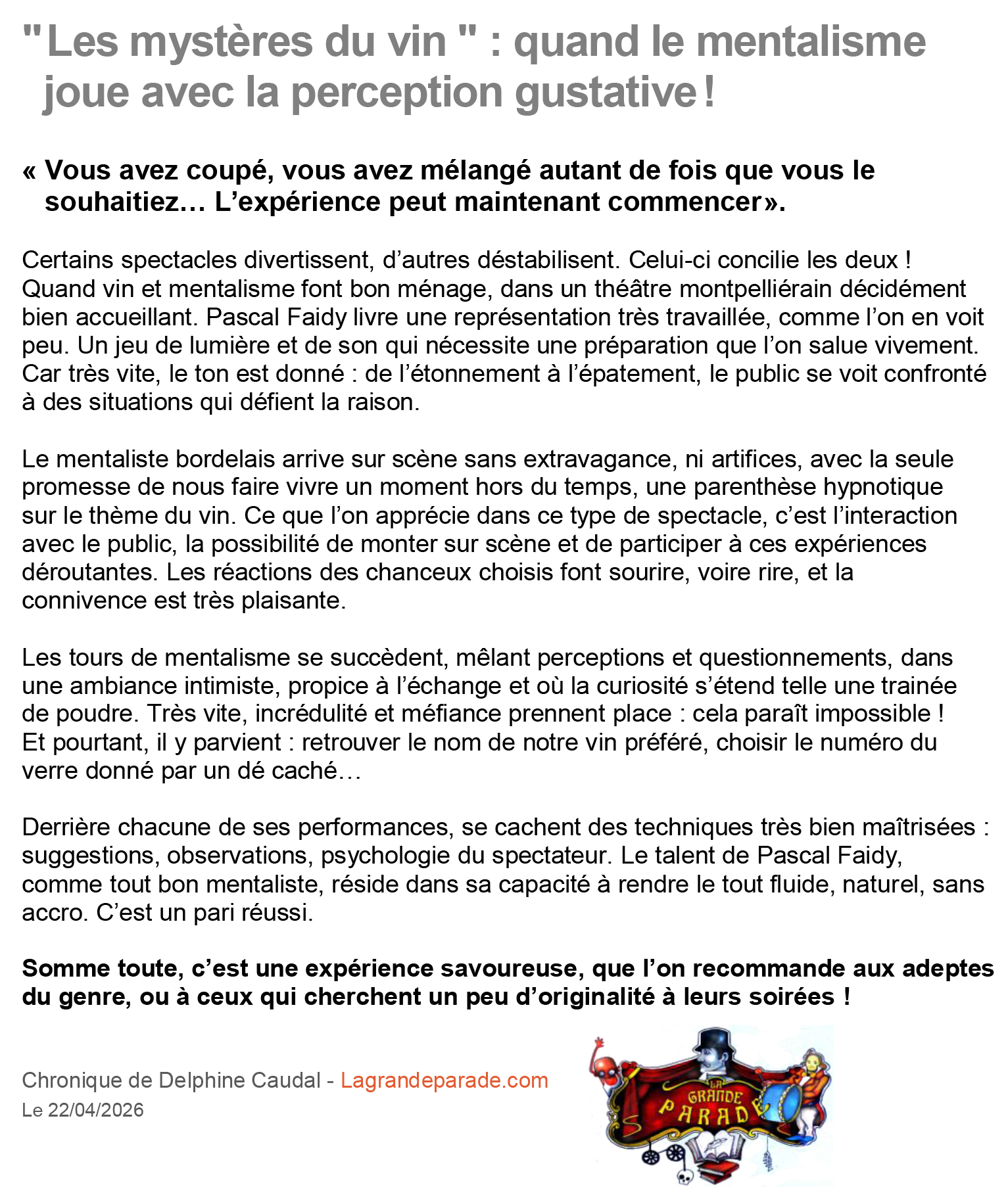 Chronique la grande parade